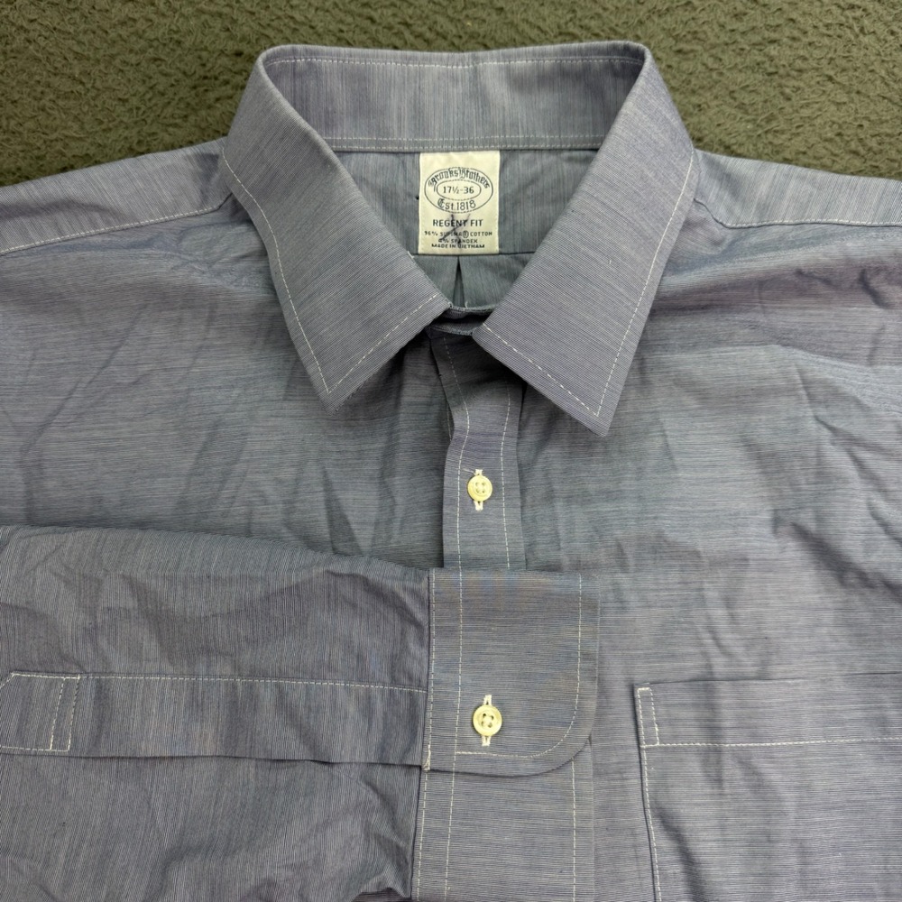 Brooks Brothers Dress Shirt Mens 17.5 36 Blue‎ Regent Fit Supima Cotton Stretch